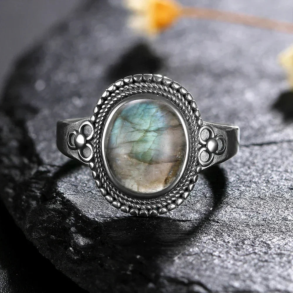 Sterling Silver 925 Vintage Rings Oval 8X10mm Rings Black Onyx Natural Fine Jewelry For Men Women Rhodochrosite Rings