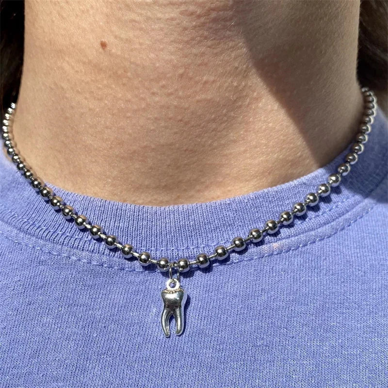 4mm Stainless Steel Ball Chain with Tooth Pendant – Gothic Molar Teeth Necklace for Punk, Grunge, Rock, Alternative Aesthetic