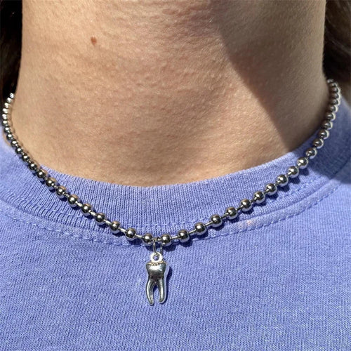 4mm Stainless Steel Ball Chain with Tooth Pendant – Gothic Molar Teeth Necklace for Punk, Grunge, Rock, Alternative Aesthetic