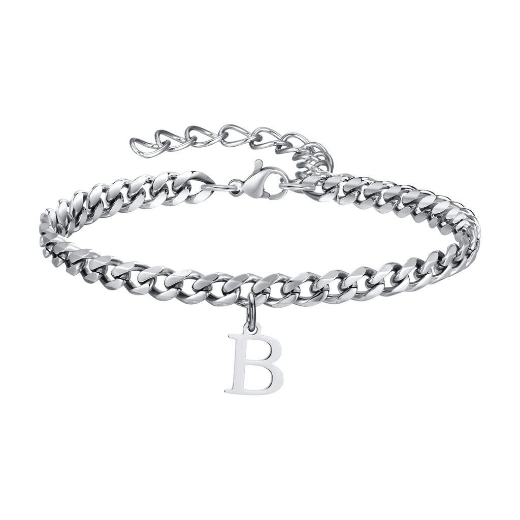 Vnox A-Z Initial Bracelets for Men Women, Never Fade Silver Color Stainless Steel Cuban Chain Bracelet with 26 Letter
