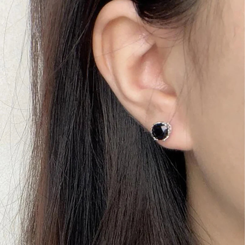 Black Crystal Stud Earrings — Silver