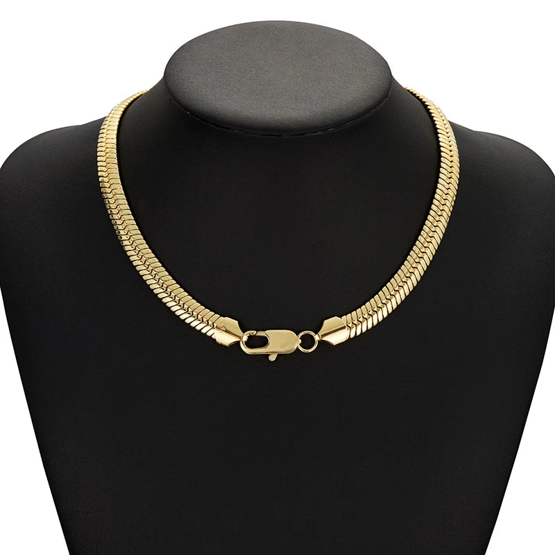 Gold-Tone Flat Snake Bone Chain Necklace 10mm — Stainless Steel