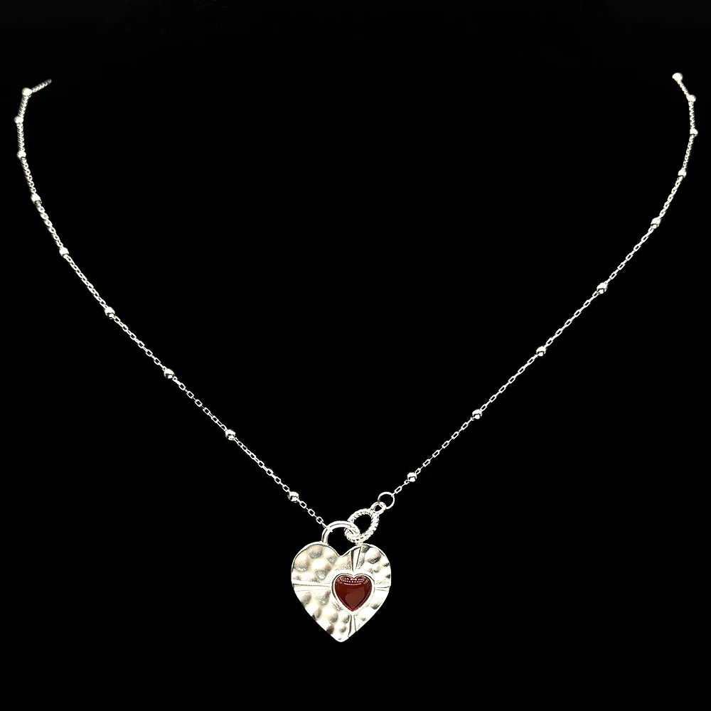Heart Silver Pendant Sterling Red Glass Clavicle