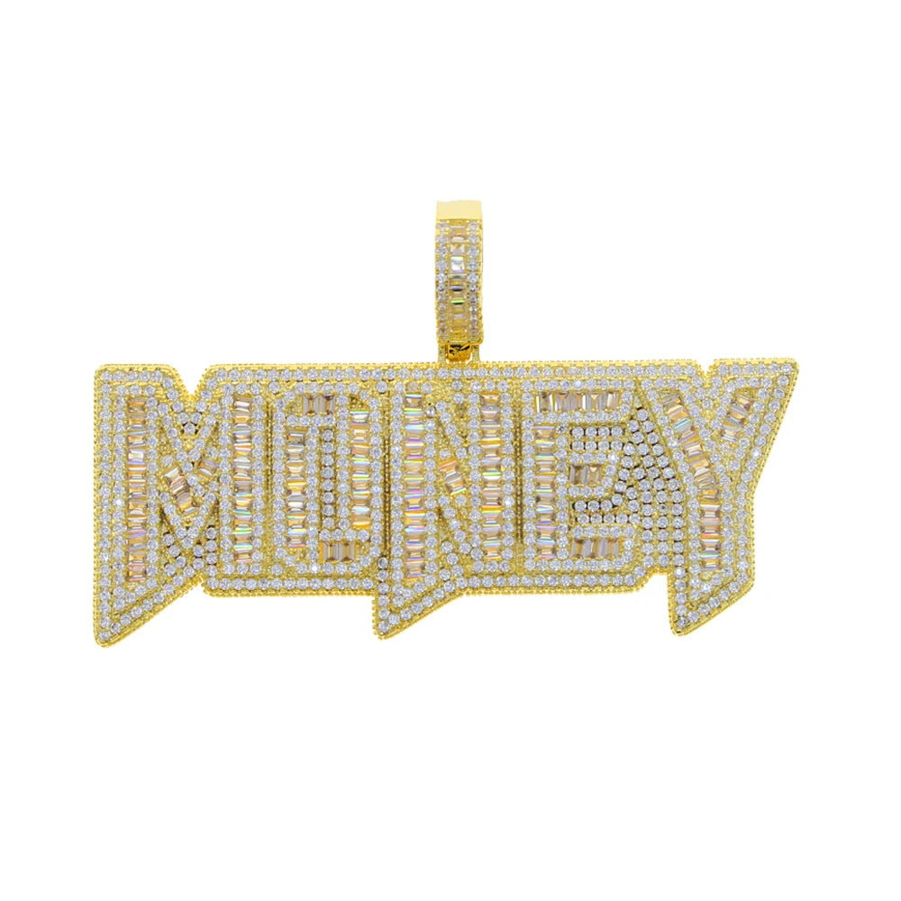 New Hip Hop Money Pendant Necklace Gold Color Iced Out Bling CZ Cubic Zirconia Letters Rich Dollar Charm Men Women