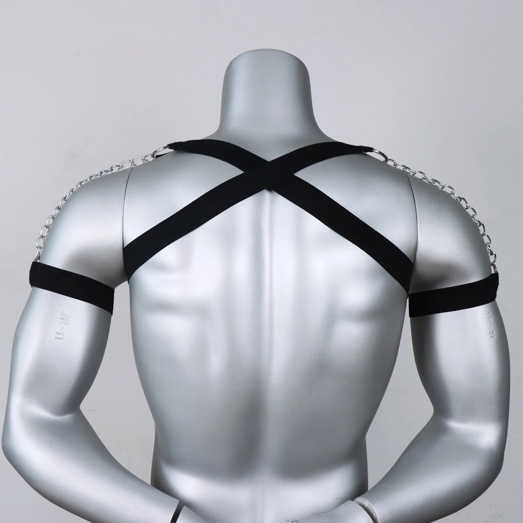 Black Punk Style Adjustable Tightness PU Metal Chain Half Harness Punk Belt Men Top Chest Suspender for Cosplay Party