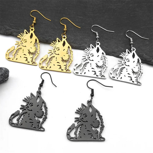 Cat Gold Earrings Cute Kitty Animal Hollow Hoop