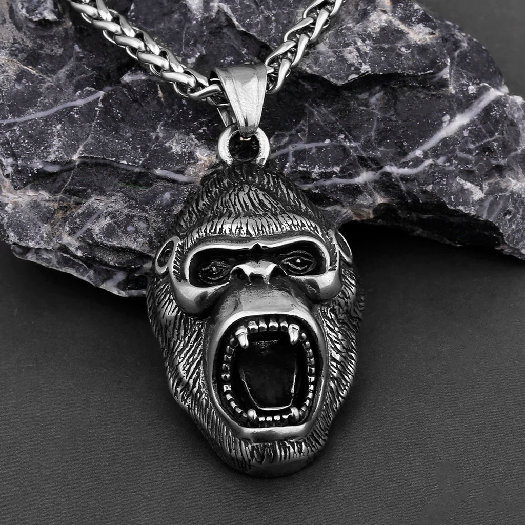 Stainless Steel Animal Gorilla Pendant Necklace Men's Domineering Roar Necklace Biker Vintage Punk Chain Jewelry Party