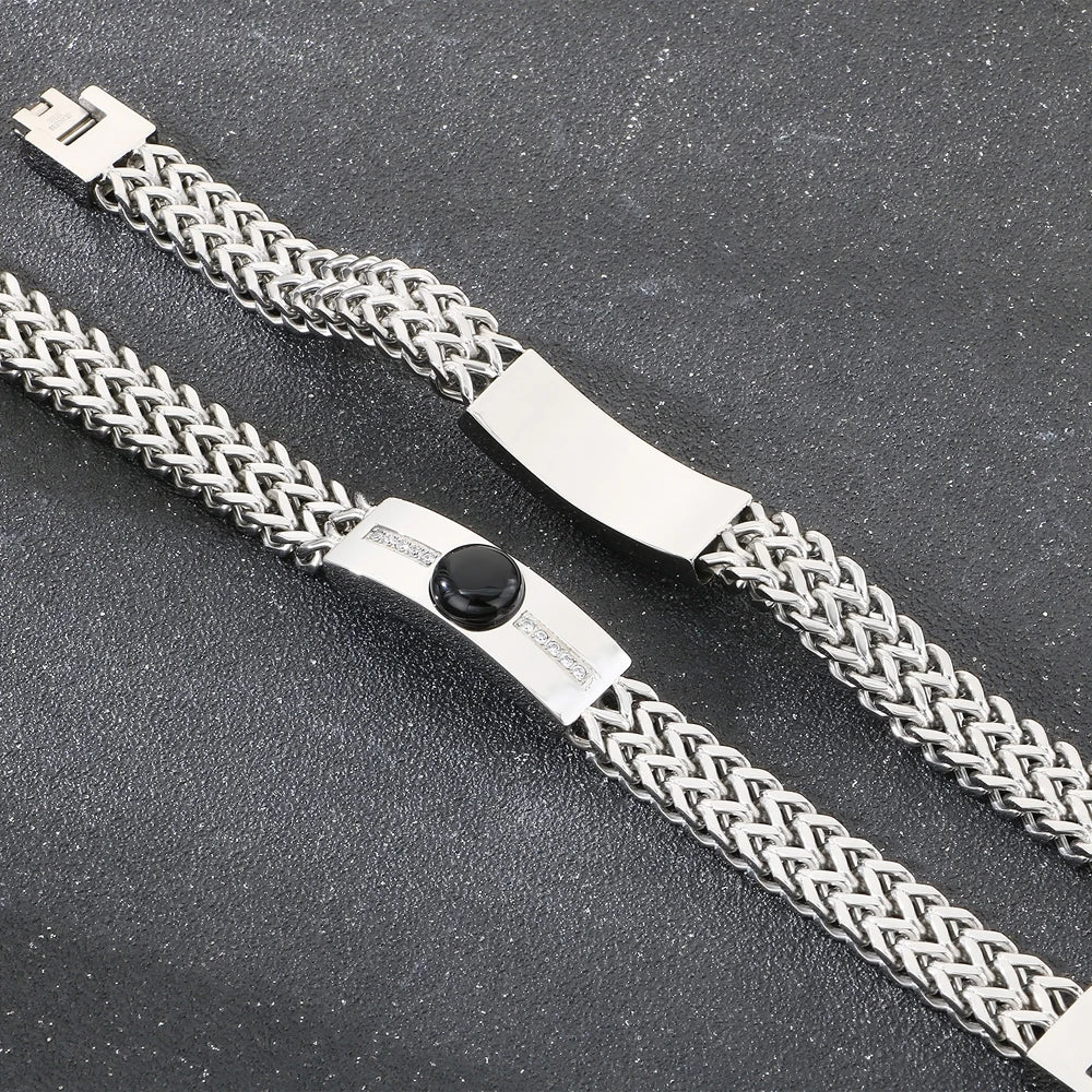Vintage Stainless Steel Men's Curved Bracelet Natural Stone & Shiny CZ Inlaid Bracelets for Man Fashion Male Hand