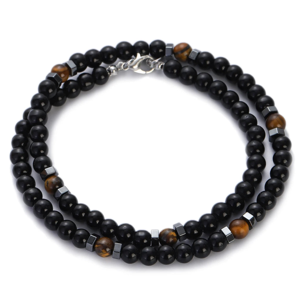 Obsidian Tiger Eye Minimalist Choker Necklace — Black-Tone, 6mm