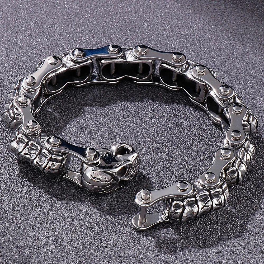 Gothic Stainless Steel Motorcycle Chain Bracelet for Man Casting Men's Bracelets of Skull Heads Skeleton Jewelry