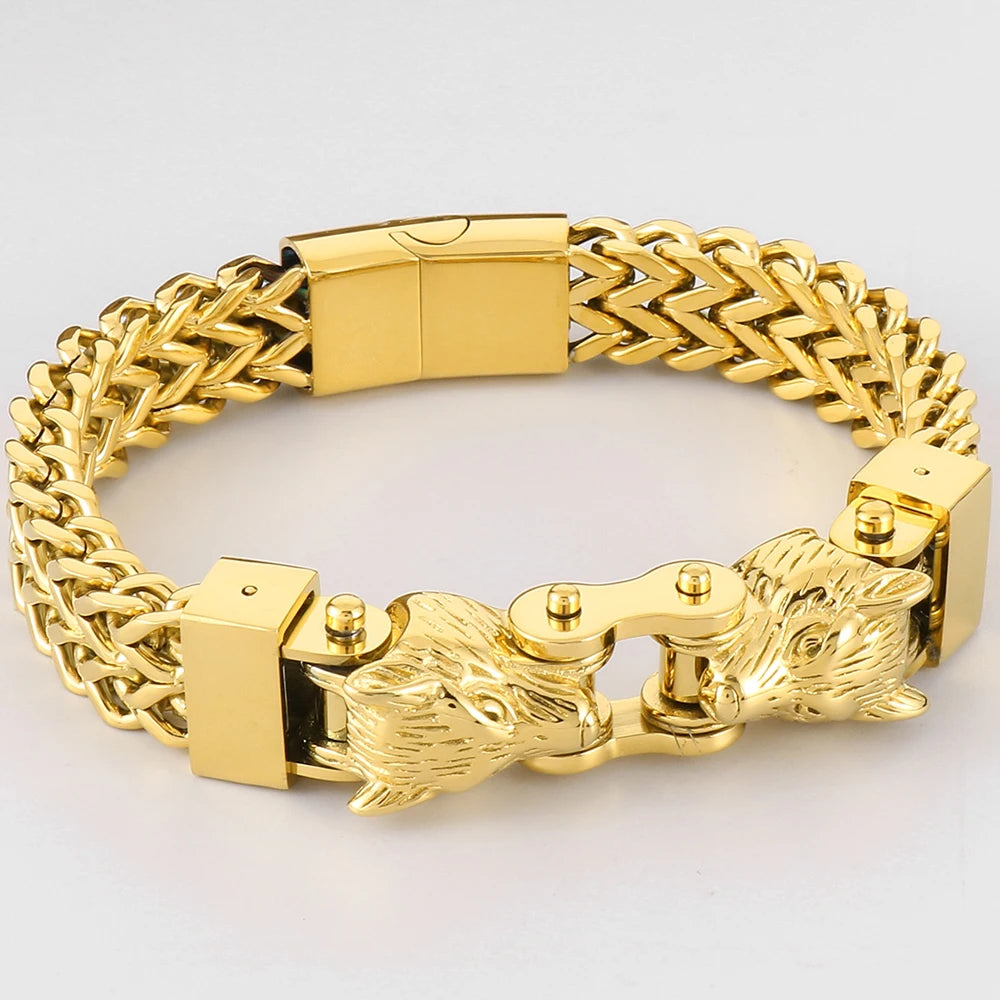 Men's Double Wolf Head Bracelets Stainless Steel Viking Jewelry Punk Rock Bicycle Chain Man Bracelet for Men 8.46" Male