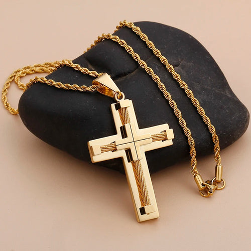 Cross Cable Chain Pendant Necklace — Stainless