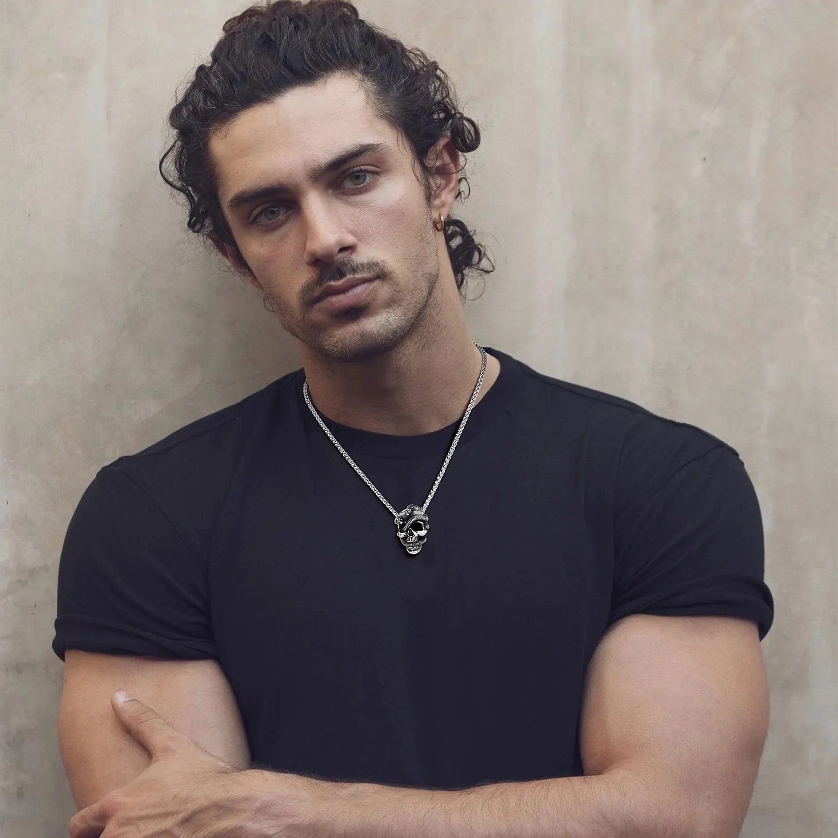 Snake Skull Pendant Necklace — Black Stainless 22"