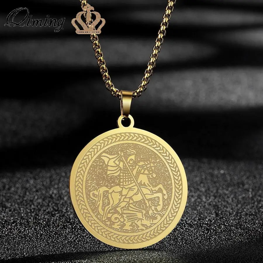 QIMING Dainty Saint George Pendant Necklace For Men Stainless Steel Warrior St. George's Dragon Medallion Mythology