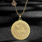 QIMING Dainty Saint George Pendant Necklace For Men Stainless Steel Warrior St. George's Dragon Medallion Mythology