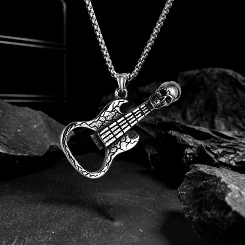 Silver Vintage Skull Guitar Pendant Necklace