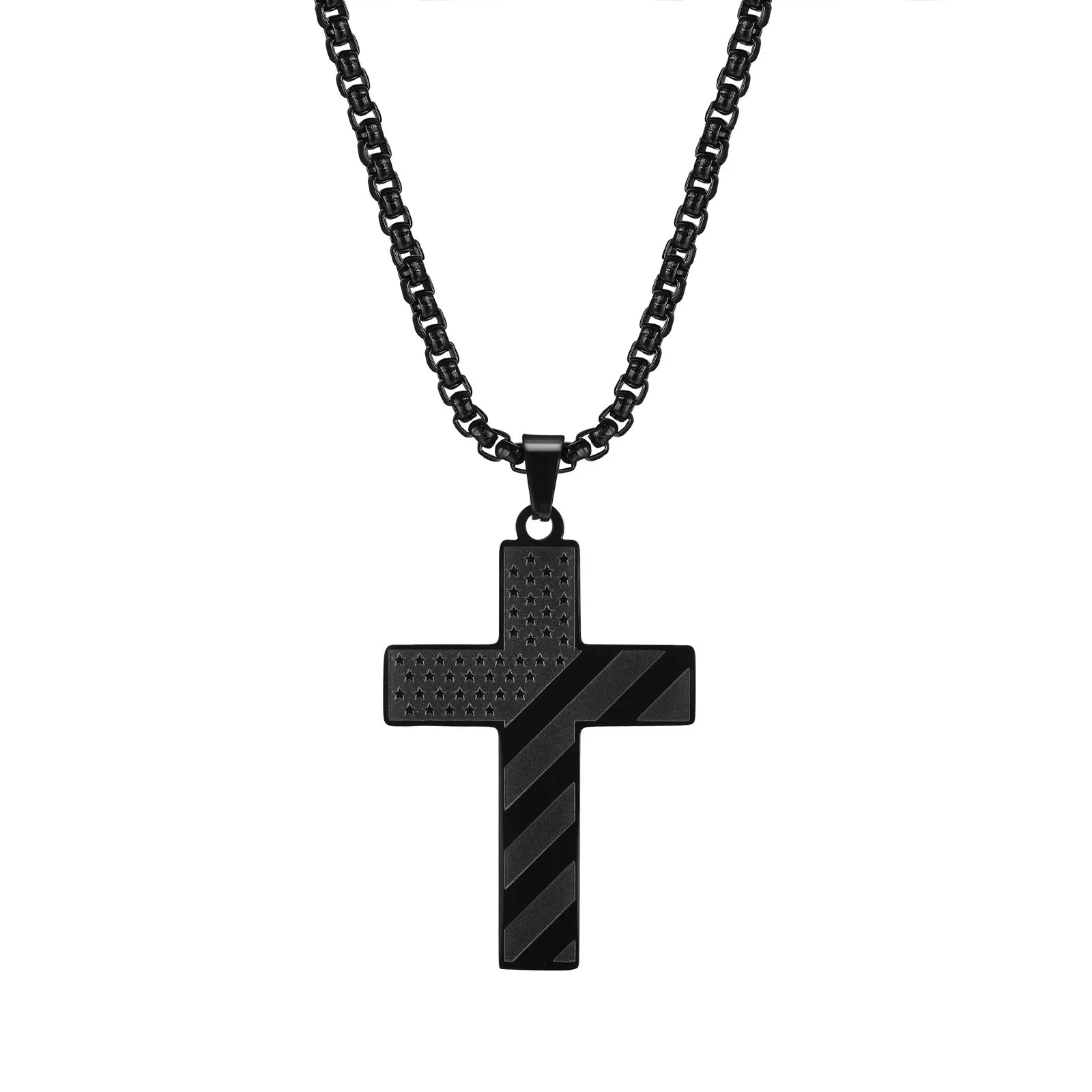 Vnox American Flag Cross Pendant Necklace for Men, Bold US Flag Textured Pendant, Black Stainless Steel Faith Jewelry