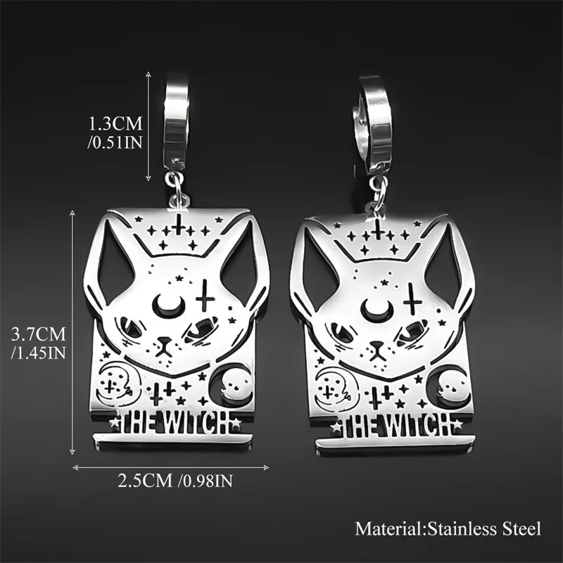 Cat Silver Earrings Gothic Witch Moon Long Hoop