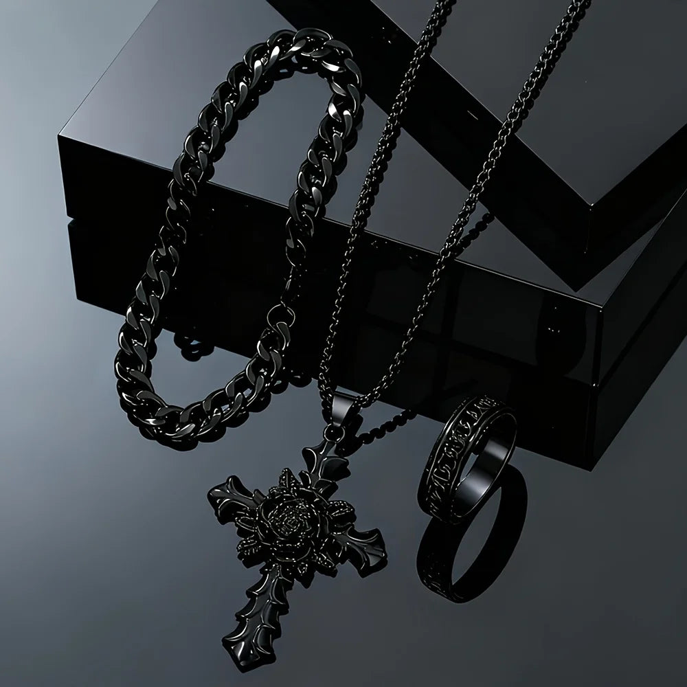 3PCS Cross Necklace Bracelet Ring Set — Two-Tone