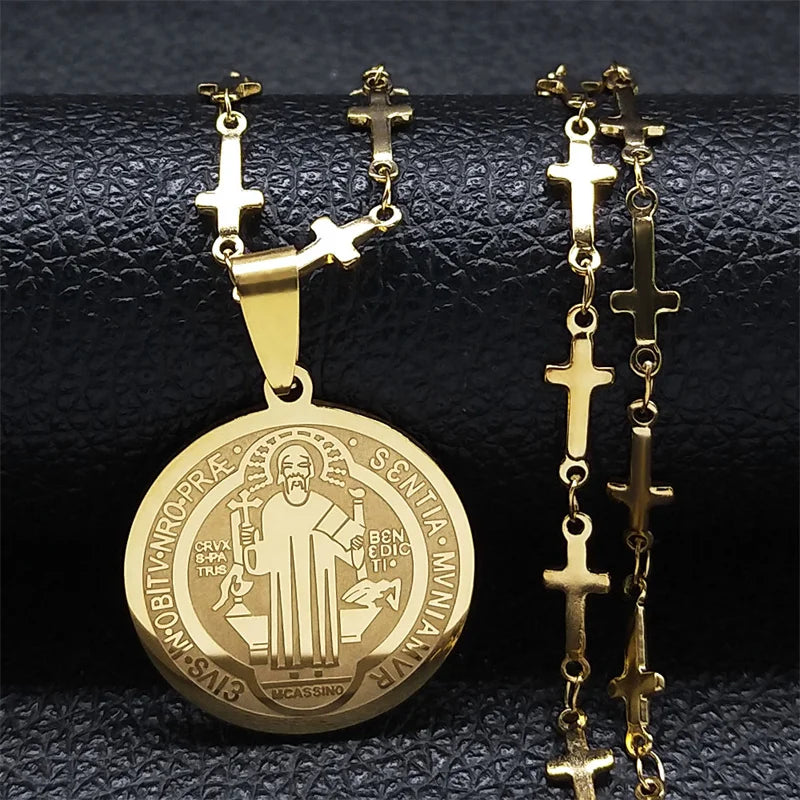 Catholic Saint Benedict Medal Stainless Steel Necklace for Women Men Gold Color Jesus Cross Chain Jewelry san benito