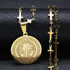 Catholic Saint Benedict Medal Stainless Steel Necklace for Women Men Gold Color Jesus Cross Chain Jewelry san benito