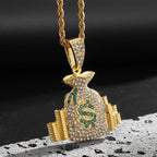 Gold Iced Out Money Bag Pendant Rope Chain