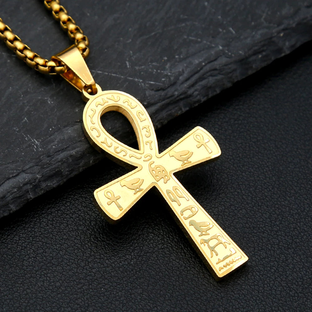 Vintage Punk Anka Cross Pendant Stainless Steel Egyptian Necklaces For Men Women Unique Rune Amulet Jewelry Gifts