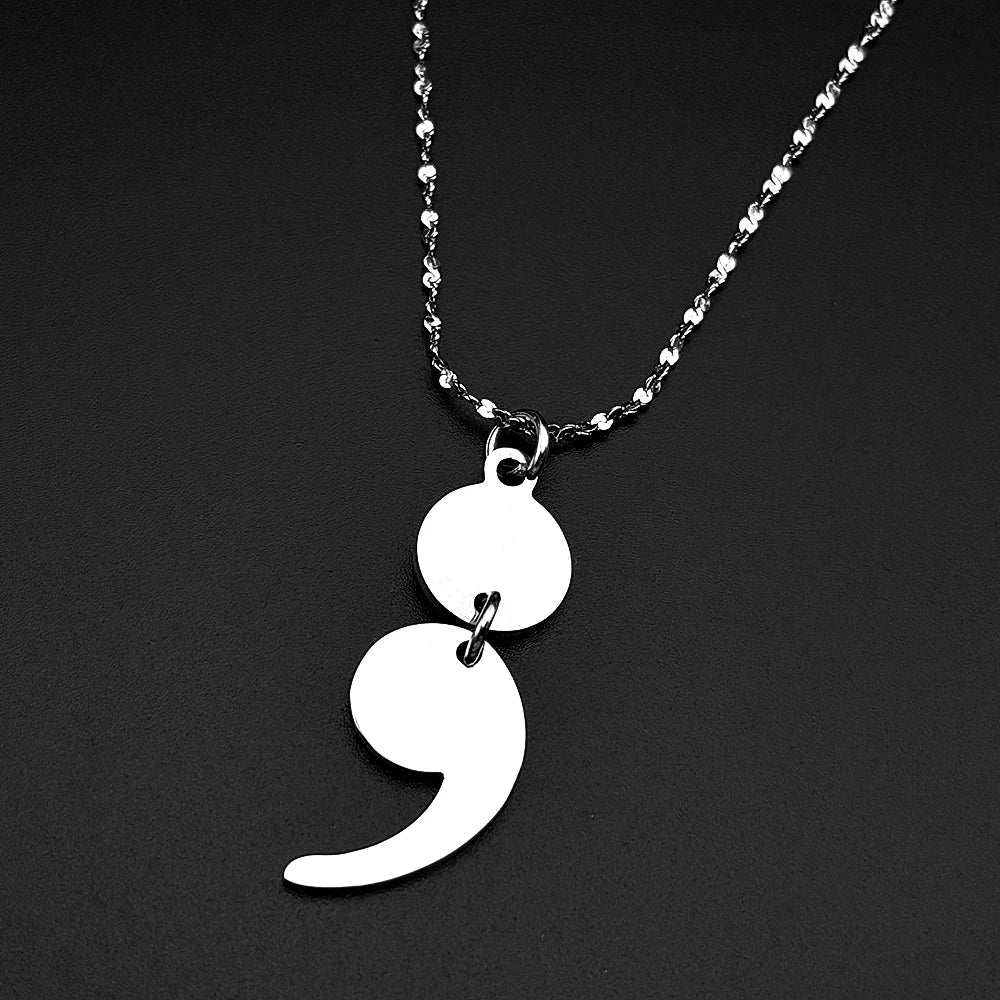 Inspirational Semicolon Pendant Necklace Stainless Steel Mental Health Support Jewelry Gift For Anxiety Depression Recovery