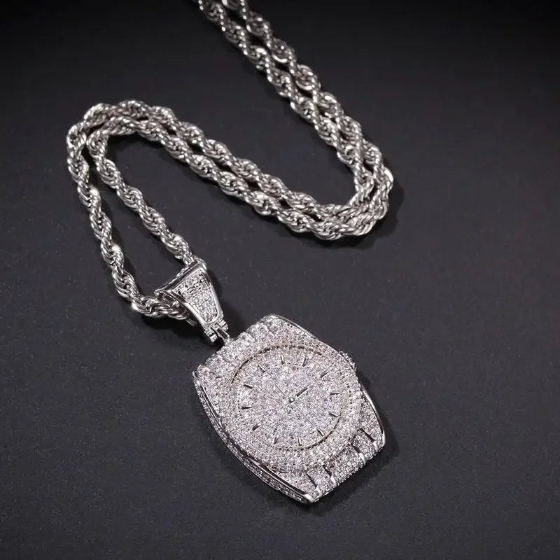 Zircon Watch Shape Pendant Necklace — Zinc Alloy
