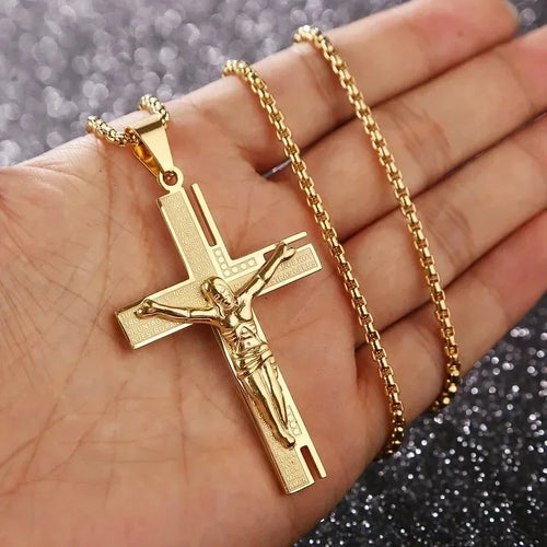 Beveled Jesus Cross Pendant Necklace — Gold