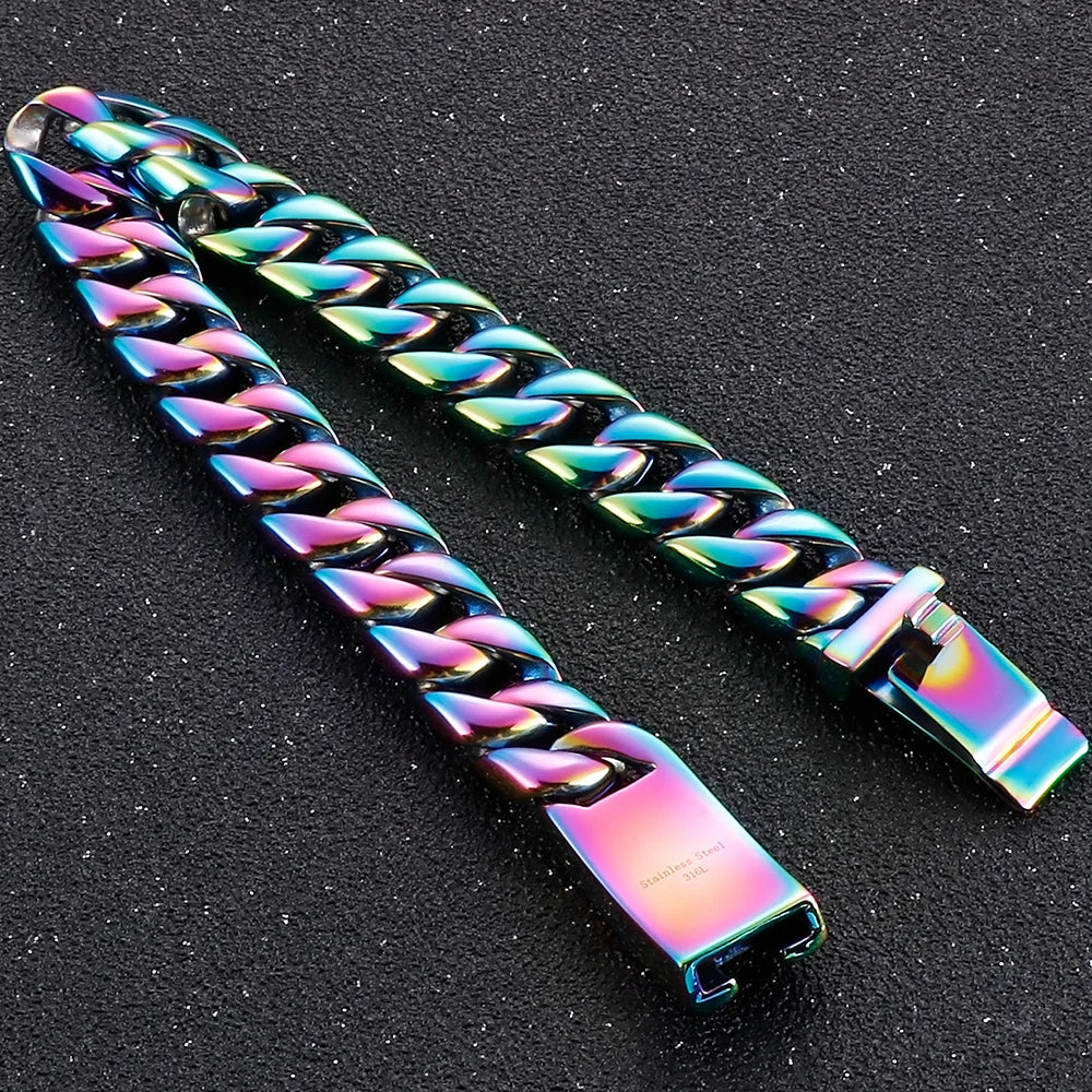 316l Stainless Steel Cuban Chain Men's Necklaces Bracelet for Man Blue Rainbow Nickel-Free Hypoallergenic Jewelry Gift