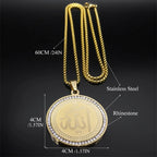 Arabic Quran Allah Medal Necklace for Women Men Rhinestone Stainless Steel Gold Color Islam Muslim Chain Jewelry collar