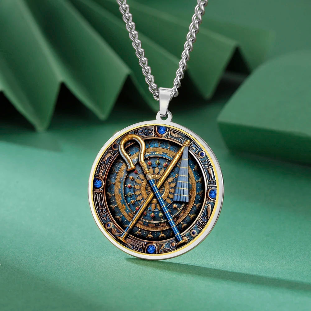 Dawapara Crook and Flail Pendant Necklace Ancient Egyptian Mythology Totem Symbol of Strength Stainless Steel Jewelry
