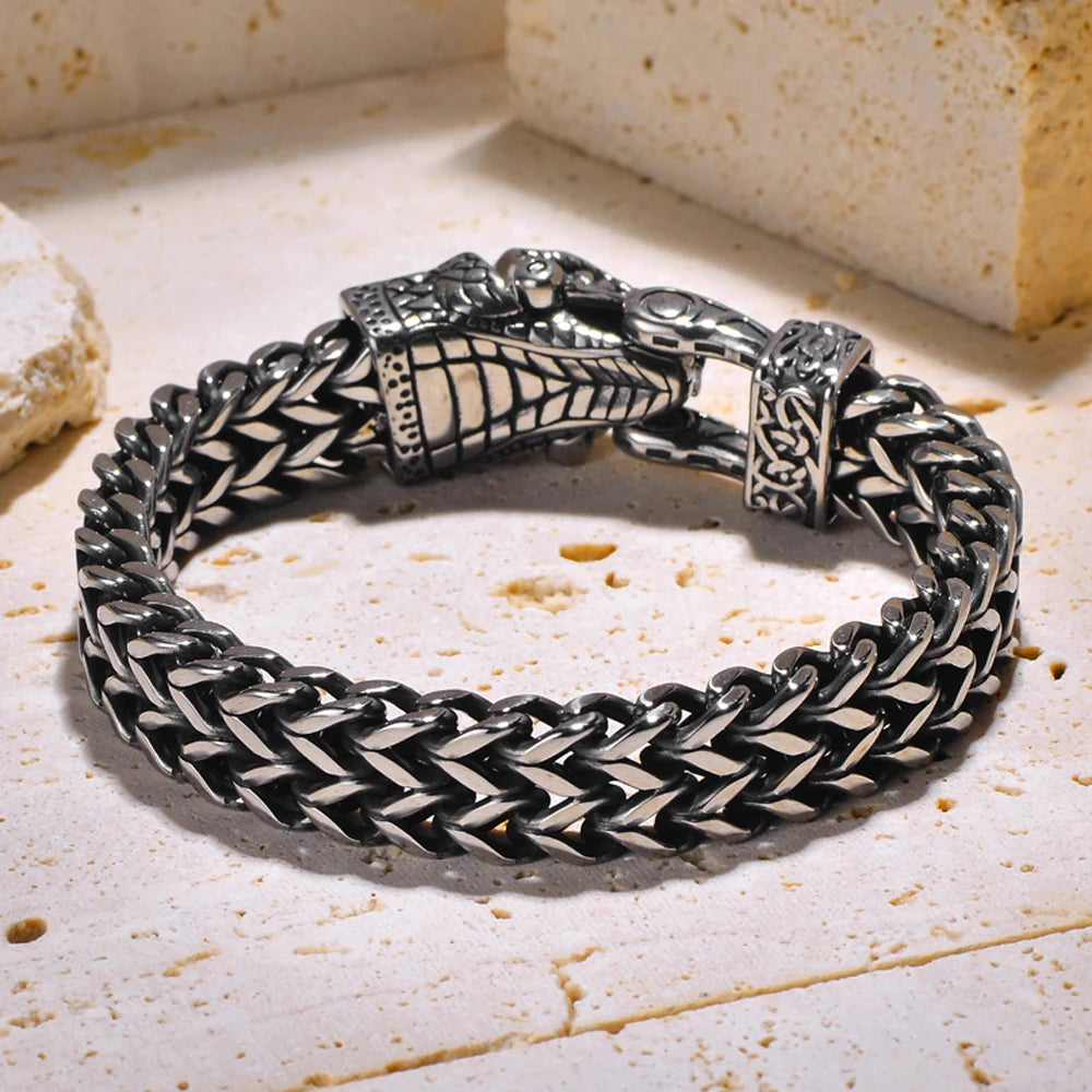 Nordic Viking Jewelry Punk Wolf Dog Snake Eagle Head With Double Mesh Link Chain Man Bracelet for Mn 19/21/23CM Long