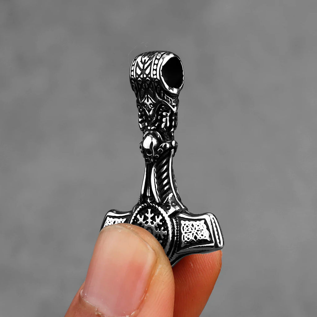 Viking Thor Hammer Skull Helmet Pendant Necklace