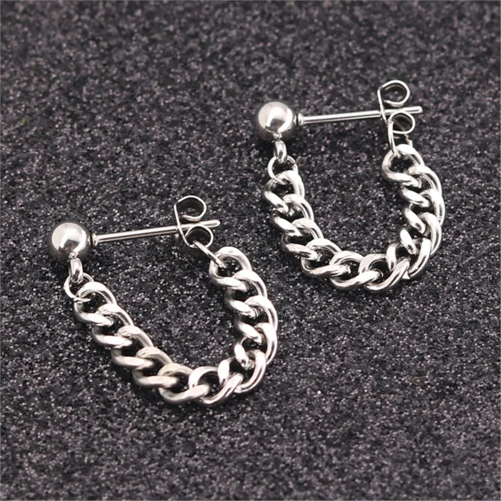Black Steel Chain Stud Earrings Minimal