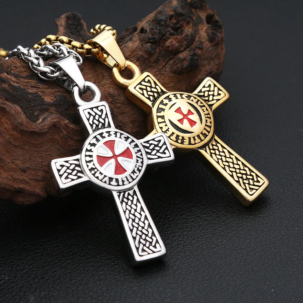 Red Cross Shield Pendant — Stainless Steel