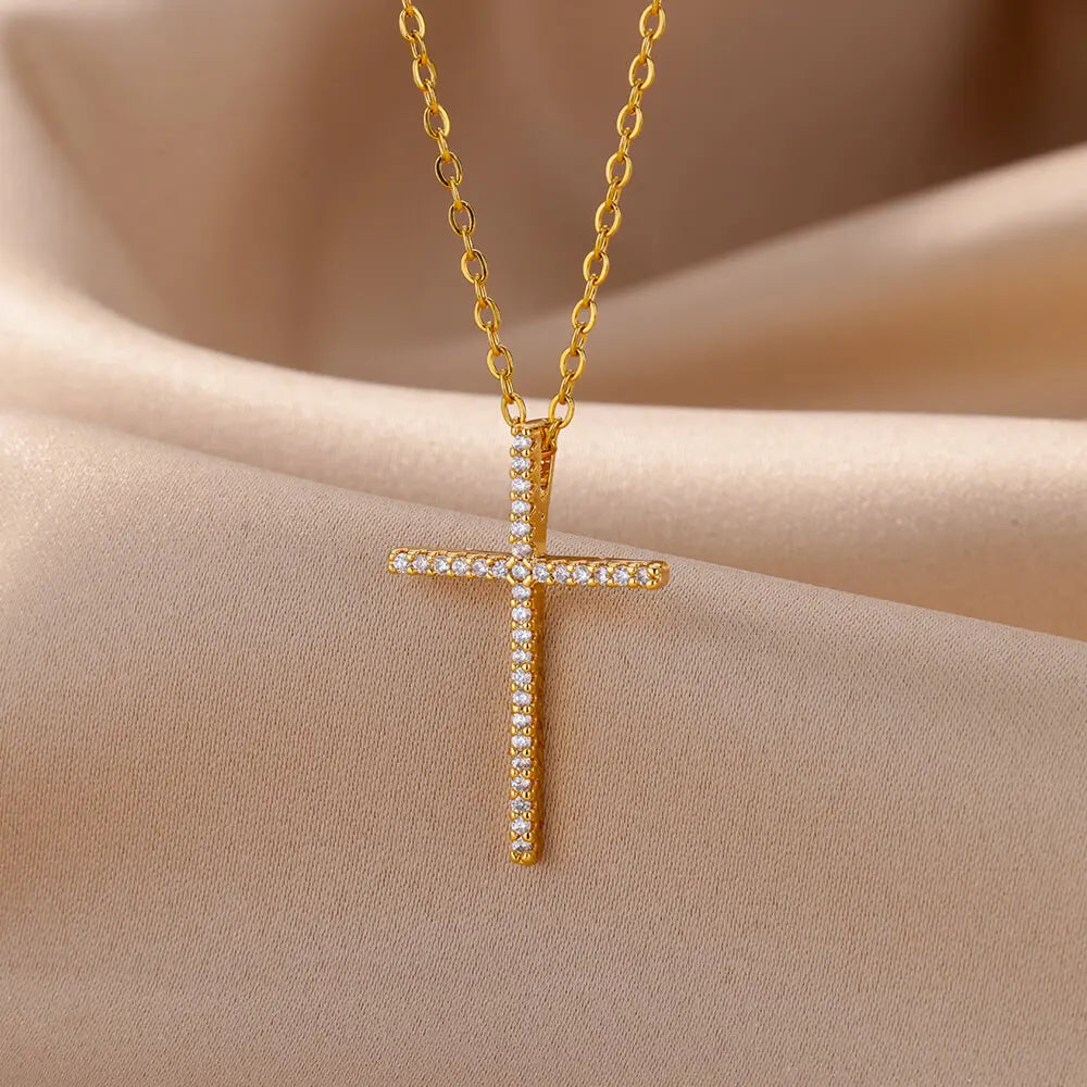 Stainless Steel Tree of Life Cross Necklaces for Women Gold Color Chain Necklace Aesthetic Collar Jewelry Accessories Gift