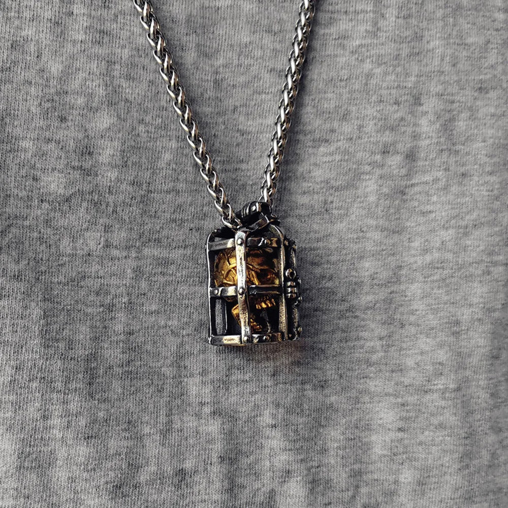 Gothic Cage Skull Pendant Necklace — Gold-Tone, Stainless Steel
