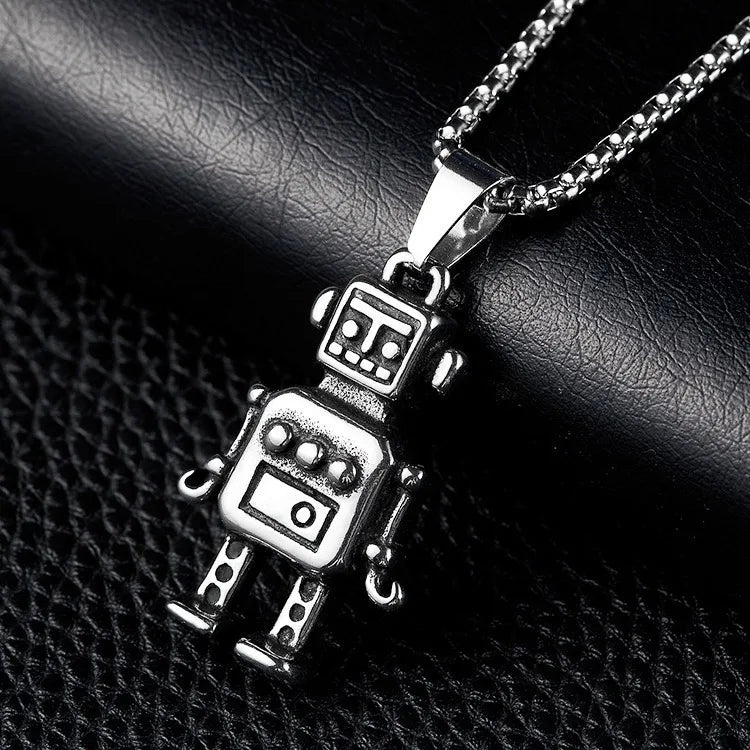 Silver Vintage Robot Pendant Necklace Box Chain