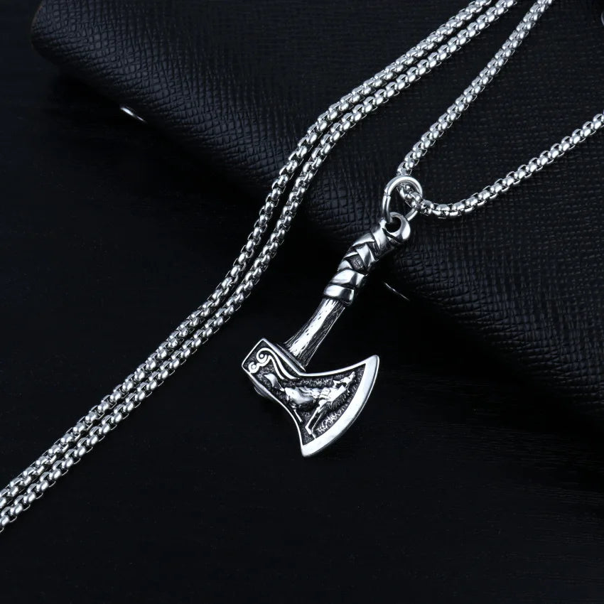 Silver Viking Axe Wolf Pendant Necklace