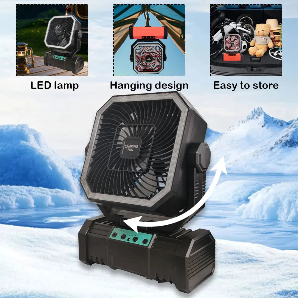 20000 mAh wireless battery-powered camping fan with LED light and remote control, 4 speeds, timer function, USB