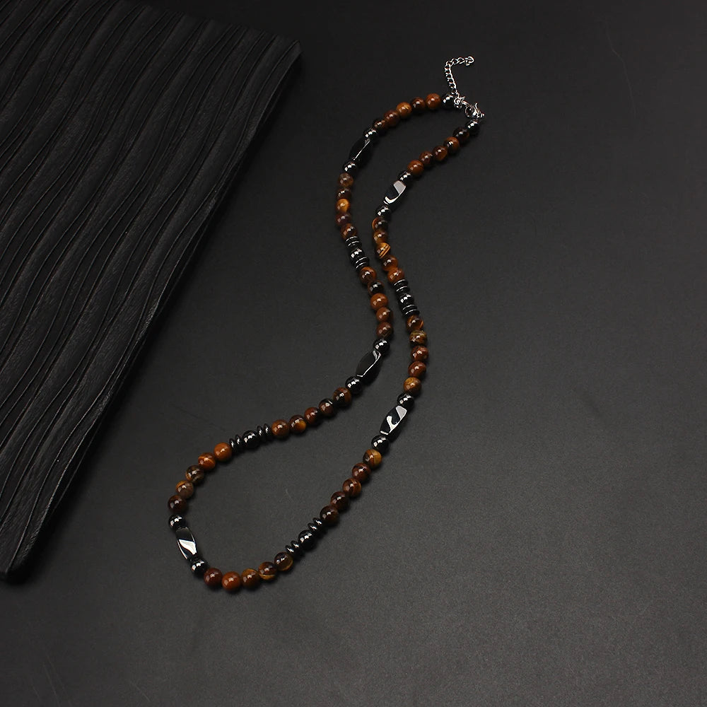 Natural Tiger Eye Hematite Bead Necklace — Zinc Alloy, 6mm