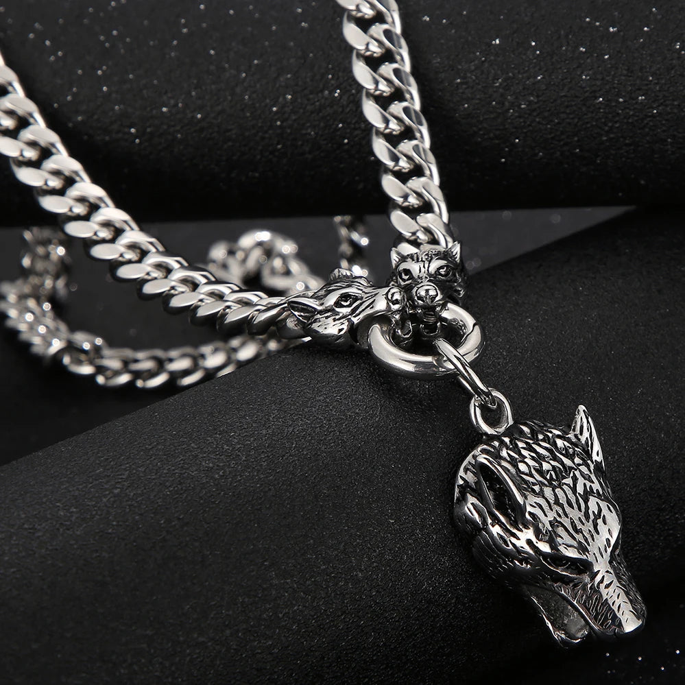 Massive Men's Wolf Head Pendant Necklace for Man 316L Stainless Steel Cuban Link Chain Gothic Hip Hop Streetwear Viking
