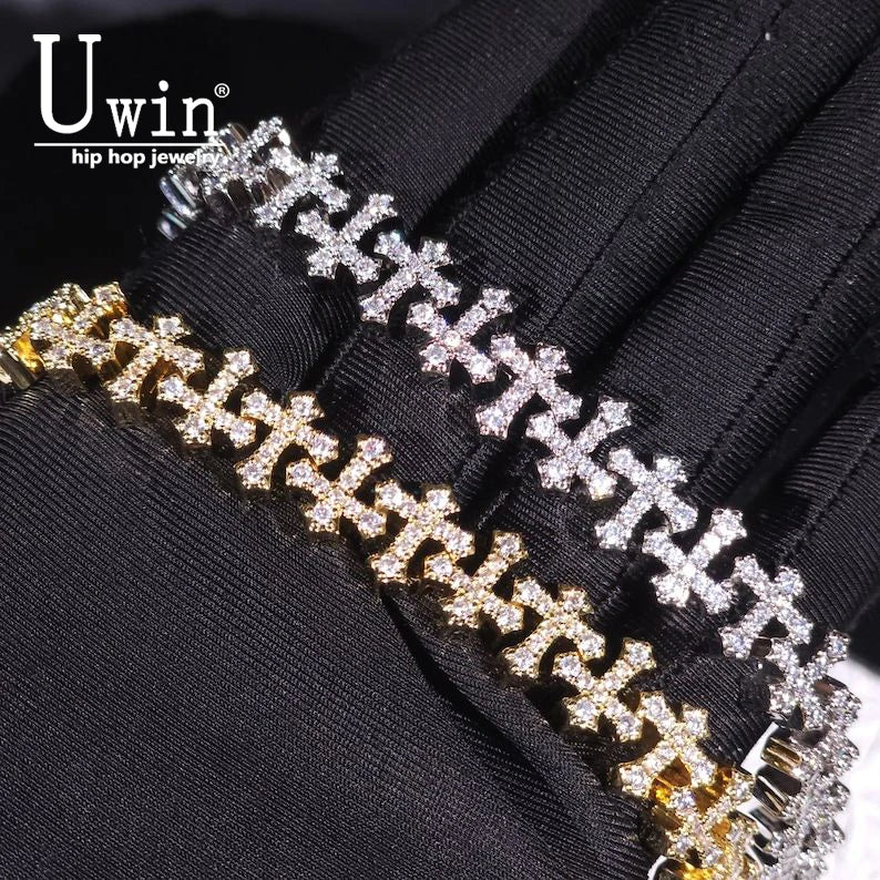 Uwin 11.5mm Cross Link Chain Bracelet For Women Men Iced Out Cubic Zirconia Cross Cuff Bracelet Anklet Hiphop Jewelry