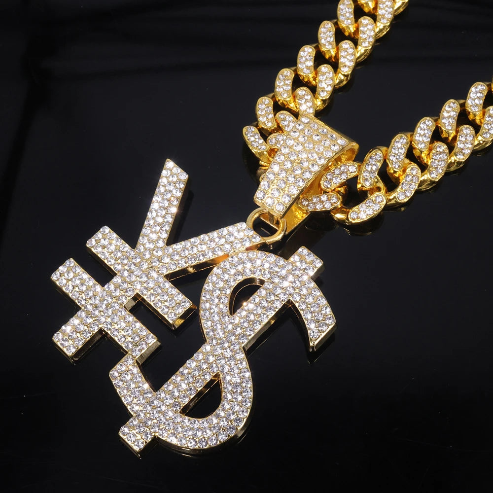 Hip Hop Exaggerated Dollar Sign Pendant,with 13mm Cuban Chain Currency Symbol Pendant Necklace for Men Rapper Charm