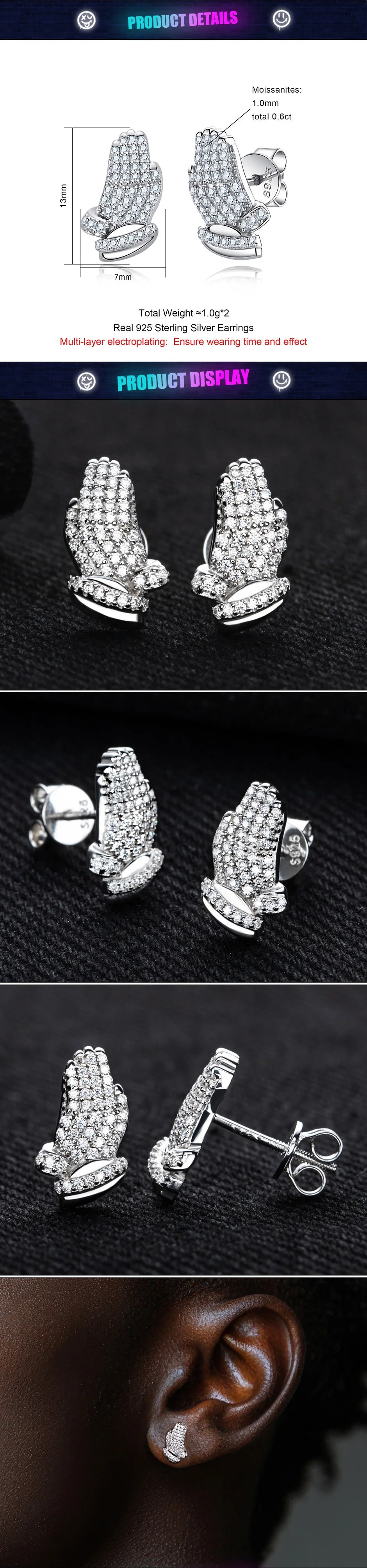 Iced Out Prayer Hand Earrings — 925 Silver