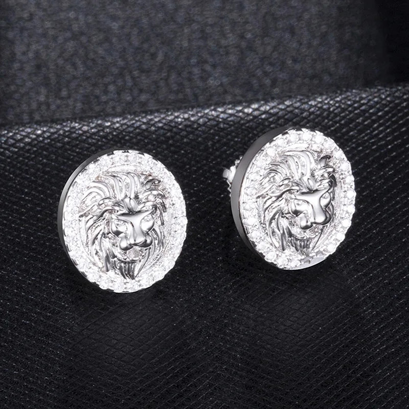 Classics Lion Stud Earrings Gold Color Filled Zircon Rhinestone Earrings for Men Women Hip Hop Jewelry Accessories Gifts
