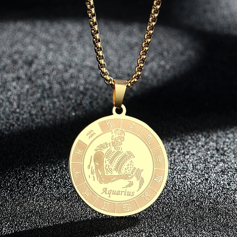 Stainless Steel Zodiac Sign Necklace For Women Men 12 Constellation Libra Symbol Pendant Necklace Amulet Collar Men Jewelry Gift