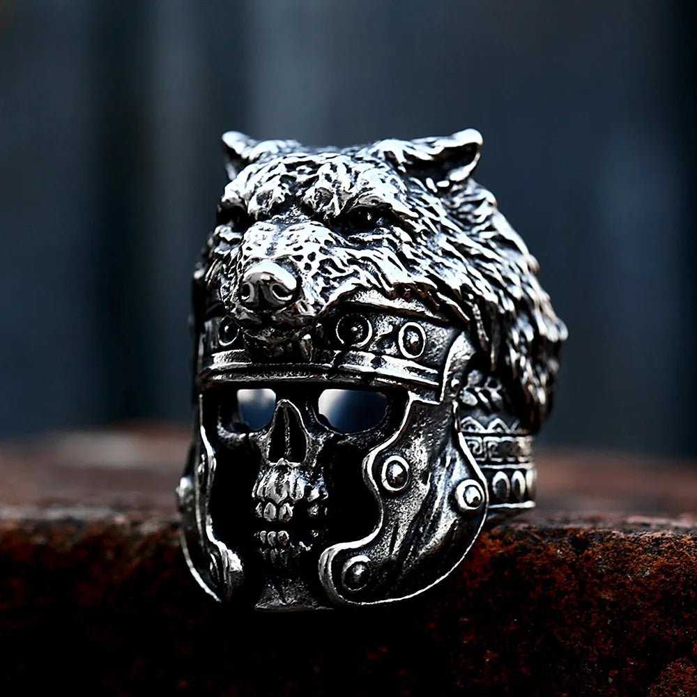 Vintage Domineering Viking Wolf Head Ring For Men Boys Punk Hip Hop 316L Stainless Steel Skull Rings Fashion Amulet Jewelry Gift
